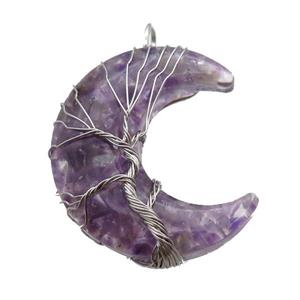 Resin Moon Pendant With Amethyst Chip Tree Wire Wrapped, approx 36-42mm