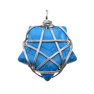 Blue Dye Turquoise Star Pendant Wire Wrapped, approx 30mm