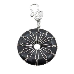 Black Onyx Agate Donut Pendant Wire Wrapped, approx 30mm