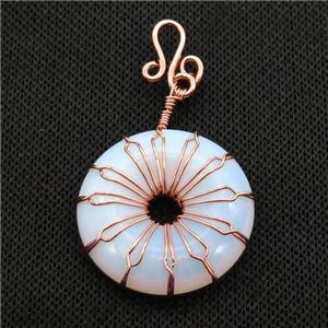 White Opalite Donut Pendant Wire Wrapped Rose Gold, approx 30mm