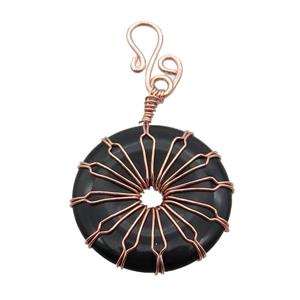 Black Onyx Agate Donut Pendant Wire Wrapped Rose Gold, approx 30mm