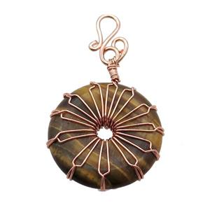 Tiger Eye Stone Donut Pendant Wire Wrapped Rose Gold, approx 30mm
