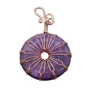 Purple Amethyst Donut Pendant Wire Wrapped Rose Gold, approx 30mm