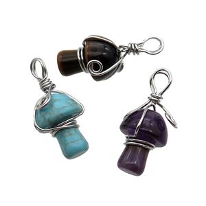 Mix Gemstone Mushroom Pendant Wire Wrapped, approx 15-20mm