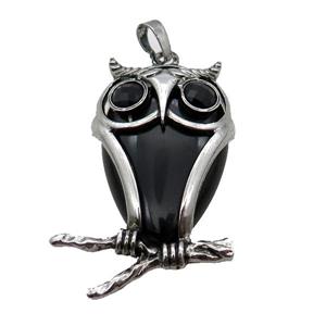 Black Onyx Agate Owl Pendant Alloy Antique Silver, approx 25-50mm