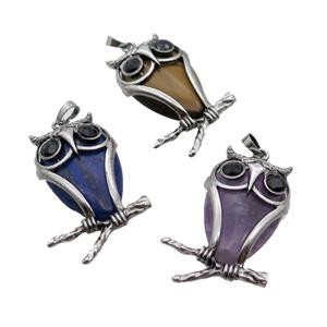 Mix Gemstone Owl Pendant Alloy Antique Silver, approx 25-50mm
