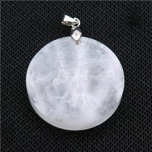 Clear Quartz Circle Pendant Tree Of Life Craved, approx 30mm