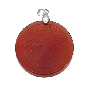 Red Carnelian Agate Circle Pendant Tree Of Life Craved, approx 30mm