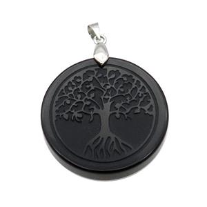 Black Onyx Agate Circle Pendant Tree Of Life Craved, approx 30mm