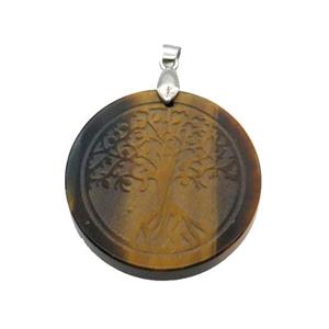 Tiger Eye Stone Circle Pendant Tree Of Life Craved, approx 30mm
