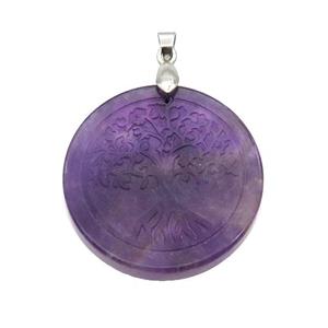 Purple Amethyst Circle Pendant Tree Of Life Craved, approx 30mm