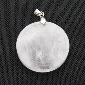 Clear Quartz Circle Pendant Flower Of Life Craved, approx 30mm
