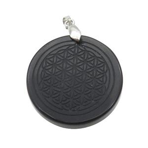 Black Onyx Agate Circle Pendant Flower Of Life Craved, approx 30mm