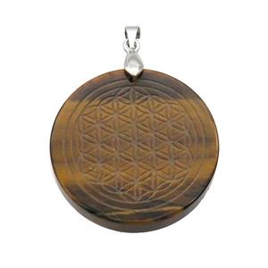 Tiger Eye Stone Circle Pendant Flower Of Life Craved, approx 30mm