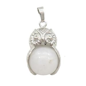 White Jade Owl Alloy Pendant, approx 16mm, 20-25mm