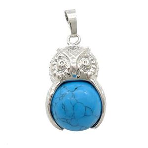 Blue Dye Turquoise Owl Alloy Pendant, approx 16mm, 20-25mm