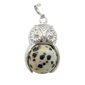 Black Dalmatian Jasper Owl Alloy Pendant, approx 16mm, 20-25mm