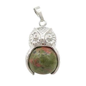 Unakite Owl Alloy Pendant, approx 16mm, 20-25mm