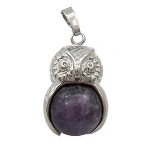 Alloy Owl Pendant With Amethyst, approx 16mm, 20-25mm