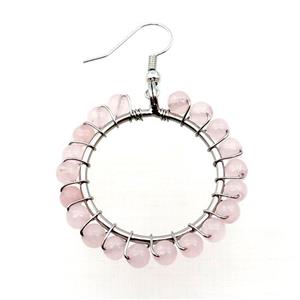 Pink Rose Quartz Copper Hook Earring Wire Wrapped Platinum Plated, approx 4.5mm, 35mm dia