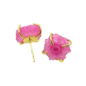Pink Quartz Druzy Copper Stud Earring Gold Plated, approx 13-14mm