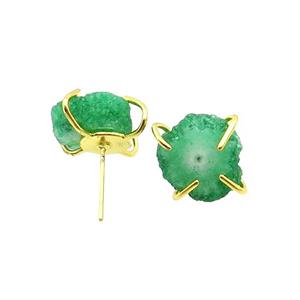 Green Quartz Druzy Copper Stud Earring Gold Plated, approx 13-14mm