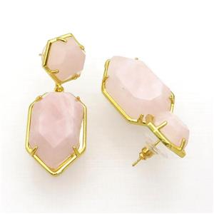 Pink Rose Quartz Copper Stud Earring Gold Plated, approx 14mm, 18-28mm