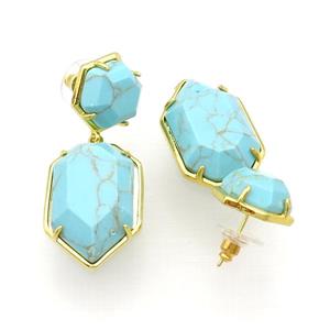 Blue Magnesite Turquoise Copper Stud Earring Gold Plated, approx 14mm, 18-28mm