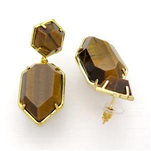 Tiger Eye Stone Copper Stud Earring Gold Plated, approx 14mm, 18-28mm
