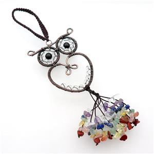 Copper Owl Pendant With Gemstone Chip Chakra Wire Wrapped Antique Red, approx 50-65mm, 17cm length