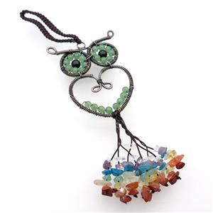 Copper Owl Pendant With Gemstone Chip Chakra Wire Wrapped Antique Red, approx 50-65mm, 17cm length