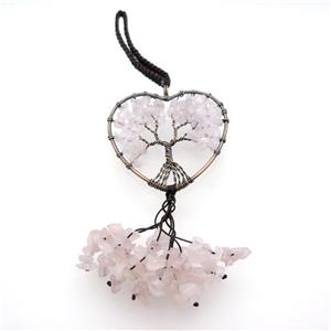 Pink Rose Quartz Chip Pendant Tree Of Life Antique Red, approx 50mm, 16cm length