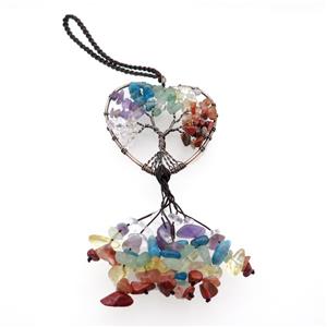 Mix Gemstone Chip Pendant Tree Of Life Chakra Antique Red, approx 50mm, 16cm length