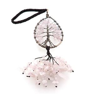Pink Rose Quartz Chip Pendant Tree Of Life Antique Red, approx 40-62mm, 17cm length
