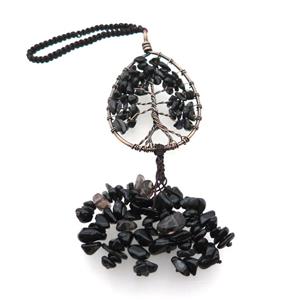 Black Obsidian Chip Pendant Tree Of Life Antique Red, approx 40-62mm, 17cm length