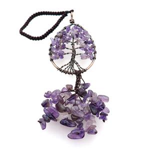 Purple Amethyst Chip Pendant Tree Of Life Antique Red, approx 40-62mm, 17cm length