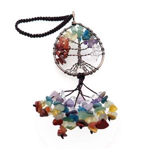 Mix Gemstone Chip Pendant Chakra Tree Of Life Antique Red, approx 40-62mm, 17cm length