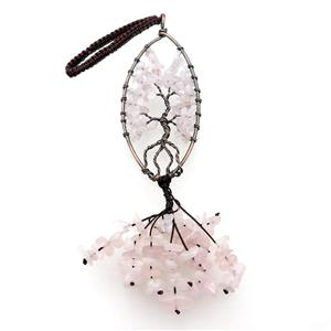 Pink Rose Quartz Chip Pendant Tree Of Life Antique Red, approx 35-90mm, 19cm length
