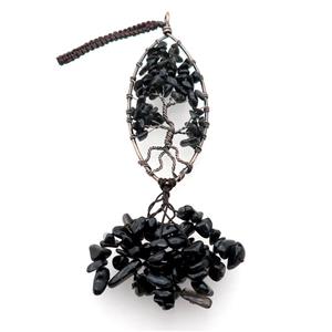 Black Obsidian Chip Pendant Tree Of Life Antique Red, approx 35-90mm, 19cm length
