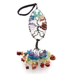 Mix Gemstone Chip Pendant Tree Of Life Chakra Antique Red, approx 35-90mm, 19cm length