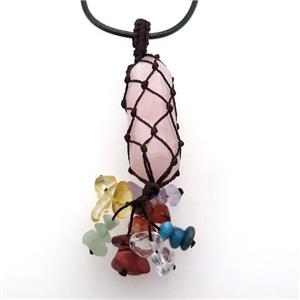 Rose Quartz Stick Necklace Gemstone Chakra Wire Wrapped, approx 14-45mm, 90mm