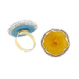Yellow Quartz Druzy Copper Ring Pave Rhinestone Adjustable Gold Plated, approx 25-27mm, 18mm dia