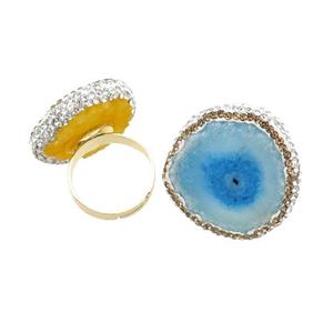 Blue Quartz Druzy Copper Ring Pave Rhinestone Adjustable Gold Plated, approx 25-27mm, 18mm dia