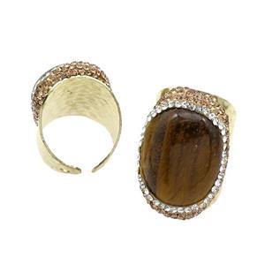 Tiger Eye Stone Copper Ring Pave Rhinestone Gold Plated, approx 20-30mm,18mm dia