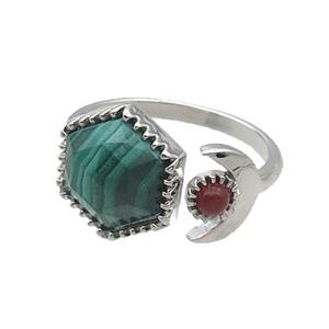 Natural Malachite Copper Ring Hexagon Platinum Plated, approx 9mm, 13mm, 18mm dia