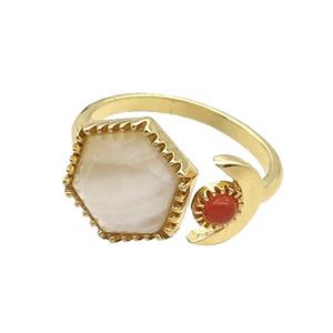 White Moonstone Copper Ring Hexagon Gold Plated, approx 9mm, 13mm, 18mm dia
