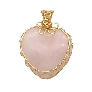 Pink Rose Quartz Heart Pendant Wire Wrapped, approx 30mm
