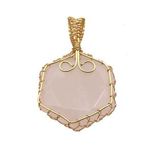 Pink Rose Quartz Hexagon Pendant Wire Wrapped, approx 25mm