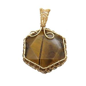 Tiger Eye Stone Hexagon Pendant Wire Wrapped, approx 25mm