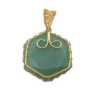 Green Aventurine Hexagon Pendant Wire Wrapped, approx 25mm